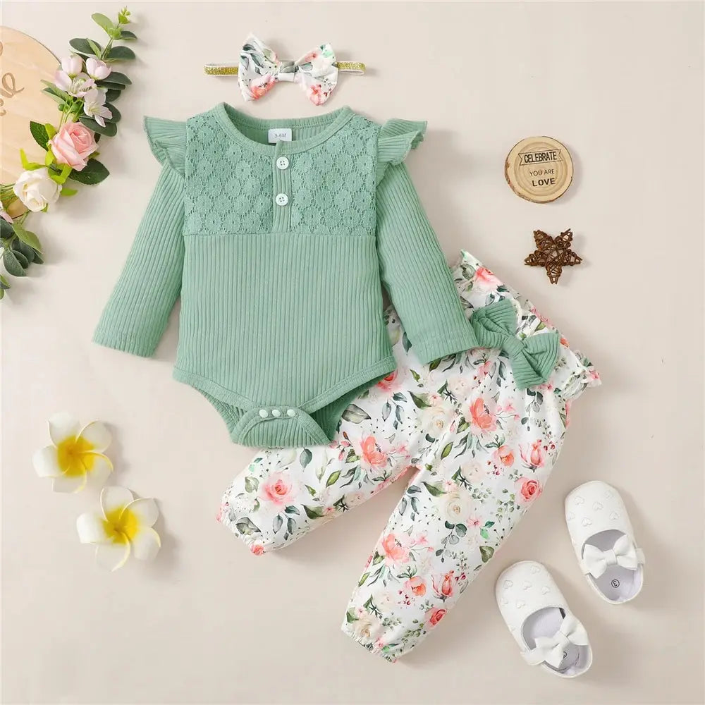 3PCS Baby Girl Set, Long Sleeve Romper Top+Flowers Pant+Headband. 0-18M