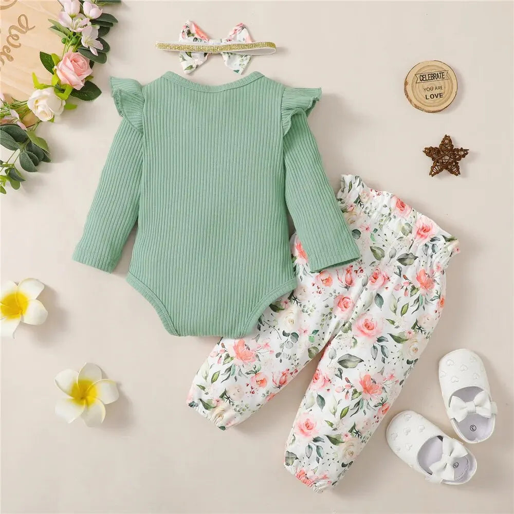 3PCS Baby Girl Set, Long Sleeve Romper Top+Flowers Pant+Headband. 0-18M