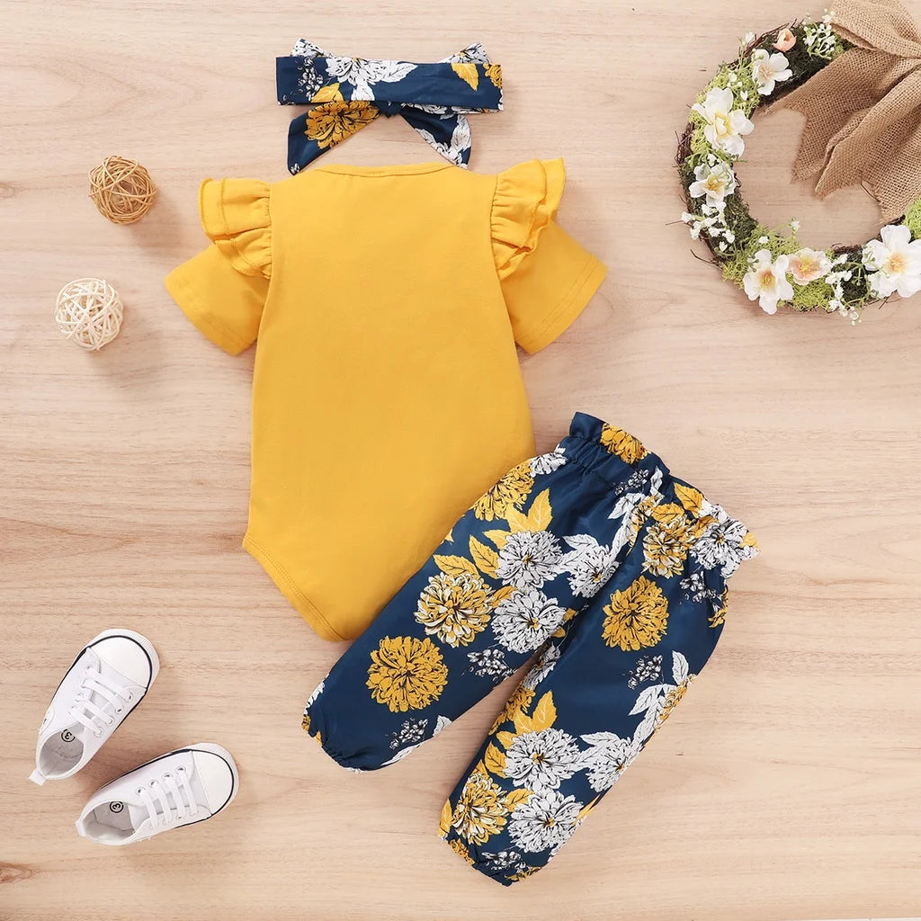 Baby Girls Clothing Set Short Sleeve Bodysuit + Floral Pants with Bow + Headband 3PCS Outfit