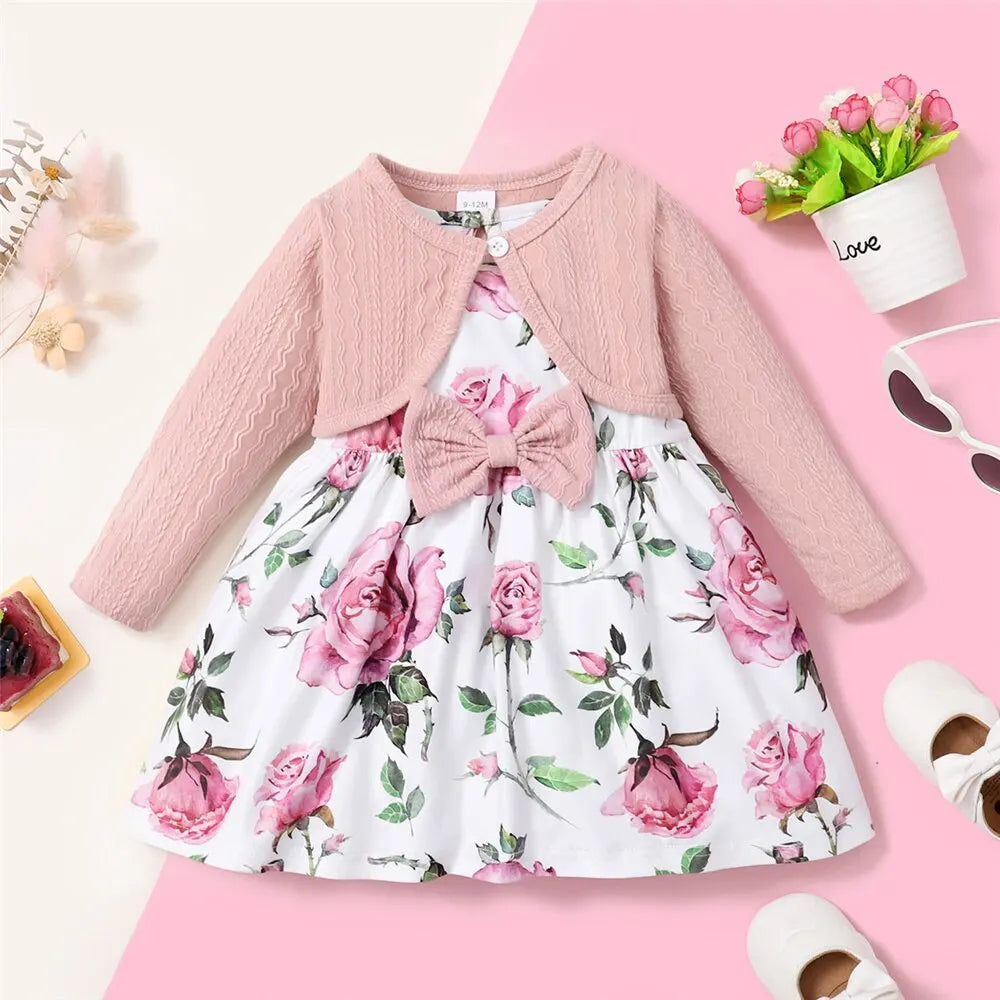 2PCS Clothing Set Pink Long Sleeves Coat+Flower Dress