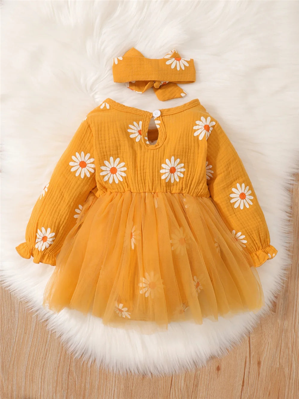 Baby Girls Cute Daisy Long Sleeves Tulle Patchwork Bodysuit  0-18 Months