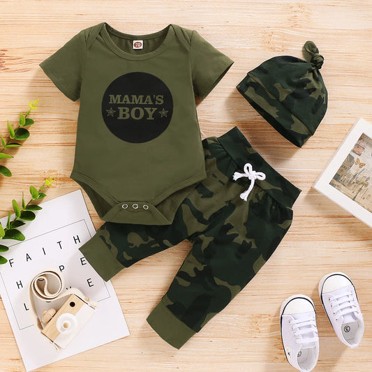 Baby Boy Summer Clothes Set Letters Short Sleeve Romper +Camouflage Pants+Hat 3pcs Outfit