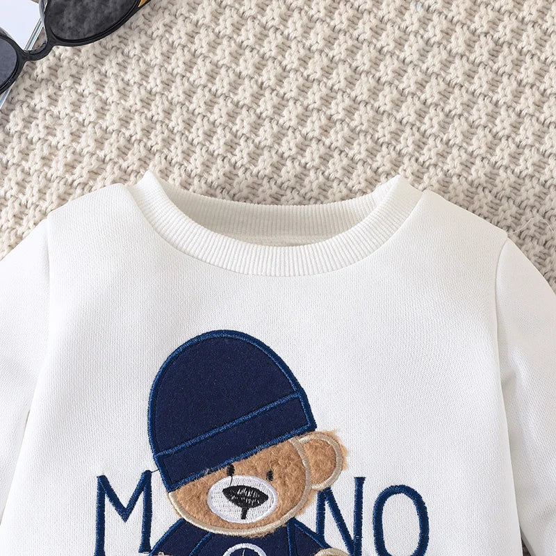 3-24Months Casual Cartoon Bear Long Sleeve tee and Navy Pants Outfit.