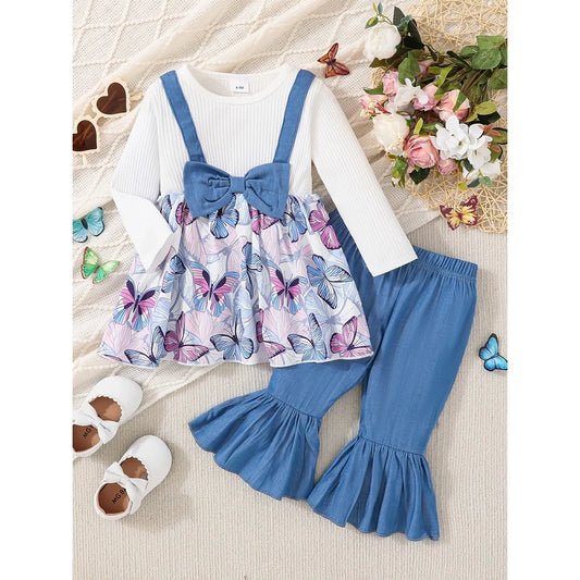 2PCS Toddler Girl Clothing Set Butterfly Long Sleeved Top with Bow+Mini Flared Pants Lovely Outfits for Infant Girl