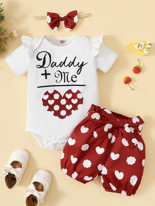 3PCS Clothing Suit Baby Girl Love Short Sleeve Bodysuit+Love Shorts 0-18 Months