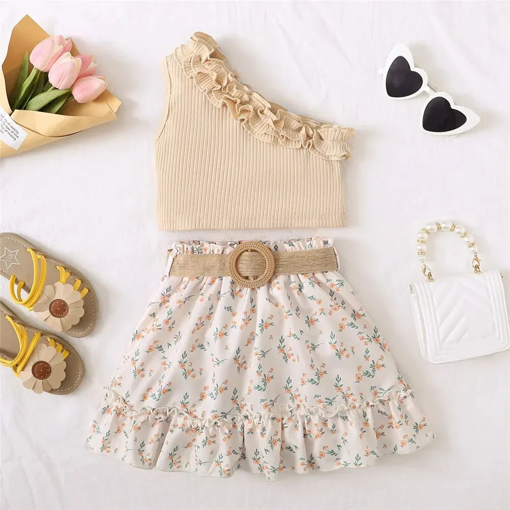 2PCS Kids Baby Girl Clothes Set Retro Off-Shoulder Top+Flowers Skirt