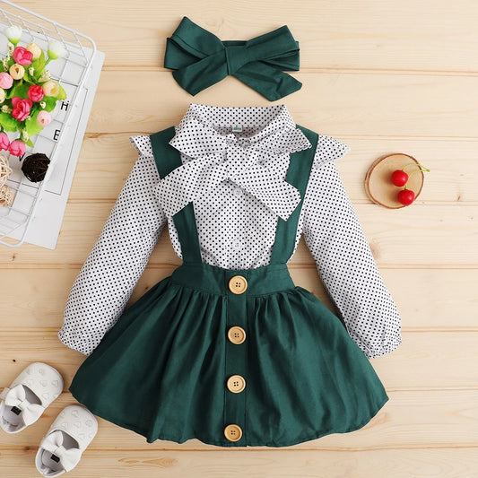 3PCS Baby Girl Outfits Polka Dot Long Sleeve Top+Suspender Ruffle Dress+Headband