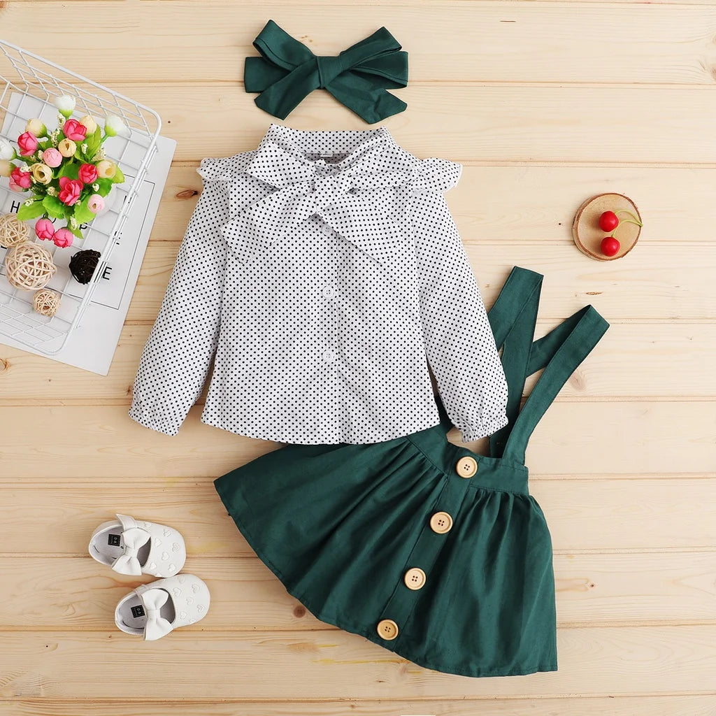 3PCS Baby Girl Outfits Polka Dot Long Sleeve Top+Suspender Ruffle Dress+Headband