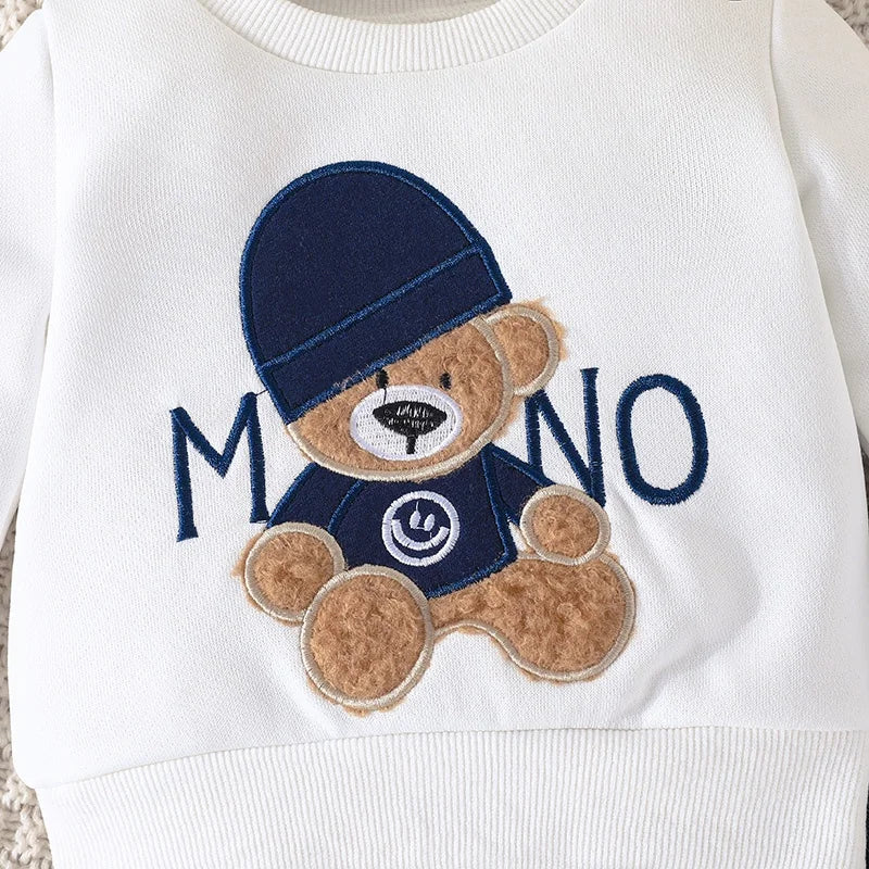 3-24Months Casual Cartoon Bear Long Sleeve tee and Navy Pants Outfit.