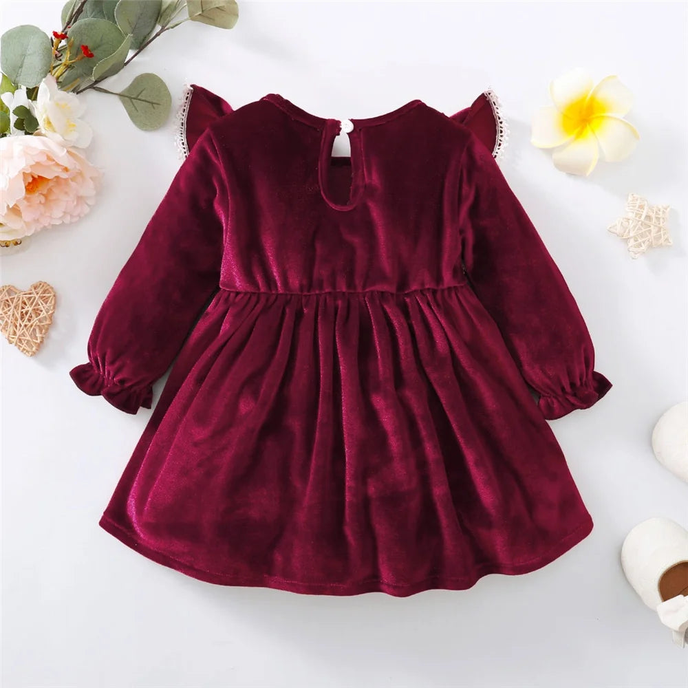 Christmas Party Skirt Baby Girl Long Sleeve Ruffle Satin Finish Dress Fashion Holiday