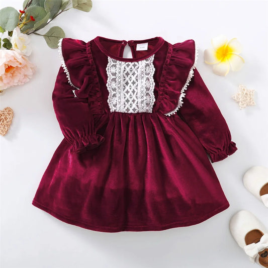 Christmas Party Skirt Baby Girl Long Sleeve Ruffle Satin Finish Dress Fashion Holiday