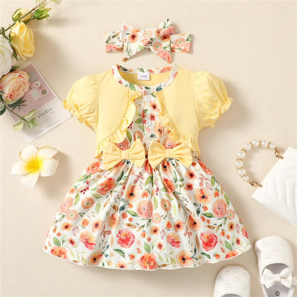 Girl Baby Bubble Sleeve Flower Bow Princess Dress and Headband.