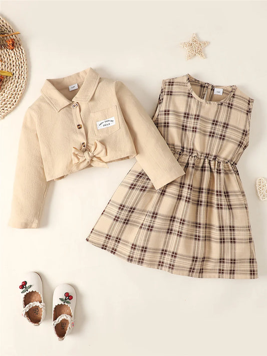 Girl Clothes Set Long Sleeve Shirt Top+Plaid Sleeveless Dress 2PCS