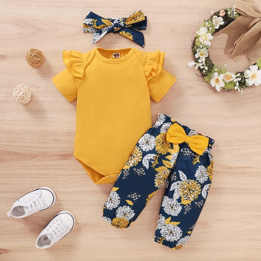 Baby Girls Clothing Set Short Sleeve Bodysuit + Floral Pants with Bow + Headband 3PCS Outfit