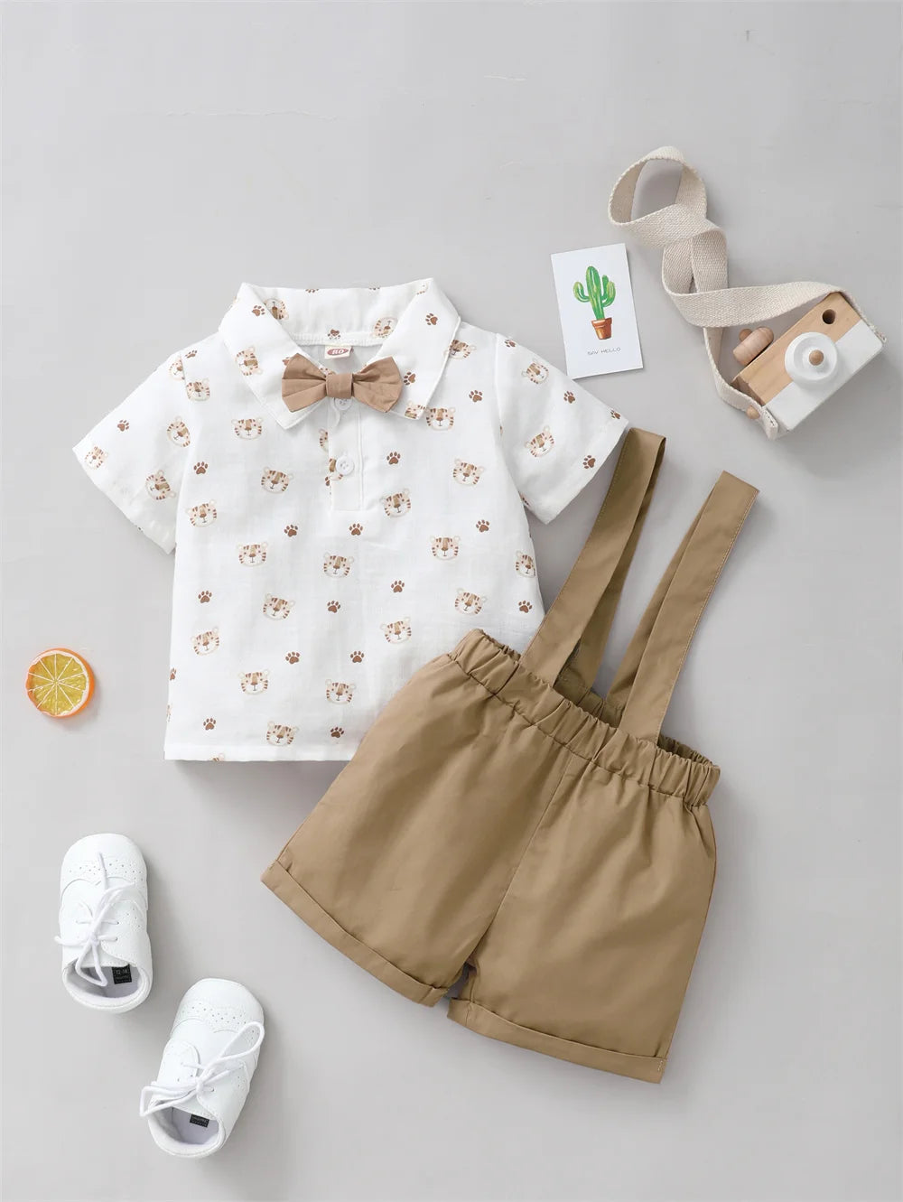 2PCS Infant Boy Clothes Set Tiger Print Short Sleeve with Bow+Strap Shorts Casual