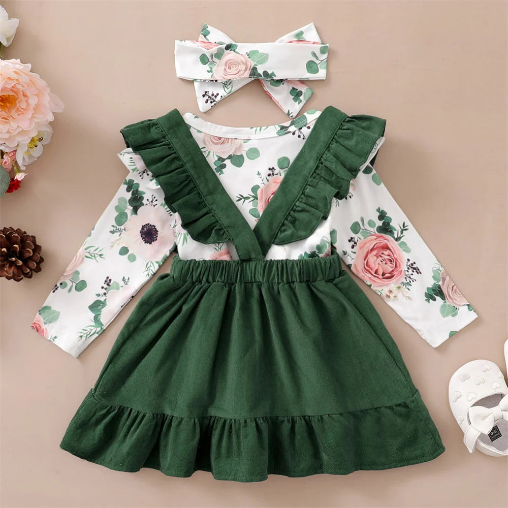 Baby Girl 3PCS Clothes Set Floral Long Sleeve Top+Suspender Skirt+Headwear