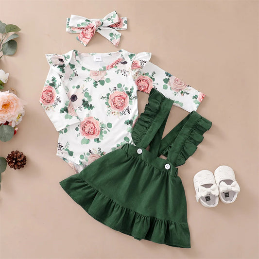 Baby Girl 3PCS Clothes Set Floral Long Sleeve Top+Suspender Skirt+Headwear