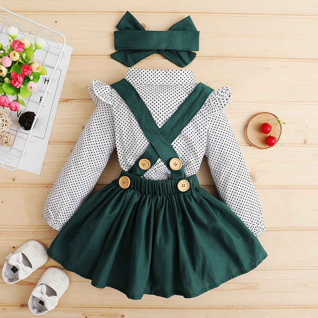 3PCS Baby Girl Outfits Polka Dot Long Sleeve Top+Suspender Ruffle Dress+Headband