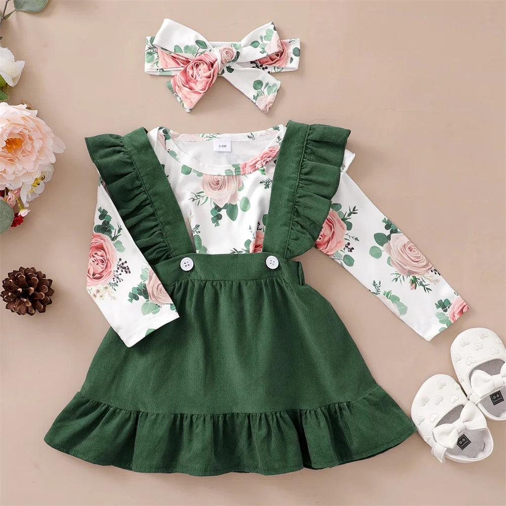 Baby Girl 3PCS Clothes Set Floral Long Sleeve Top+Suspender Skirt+Headwear