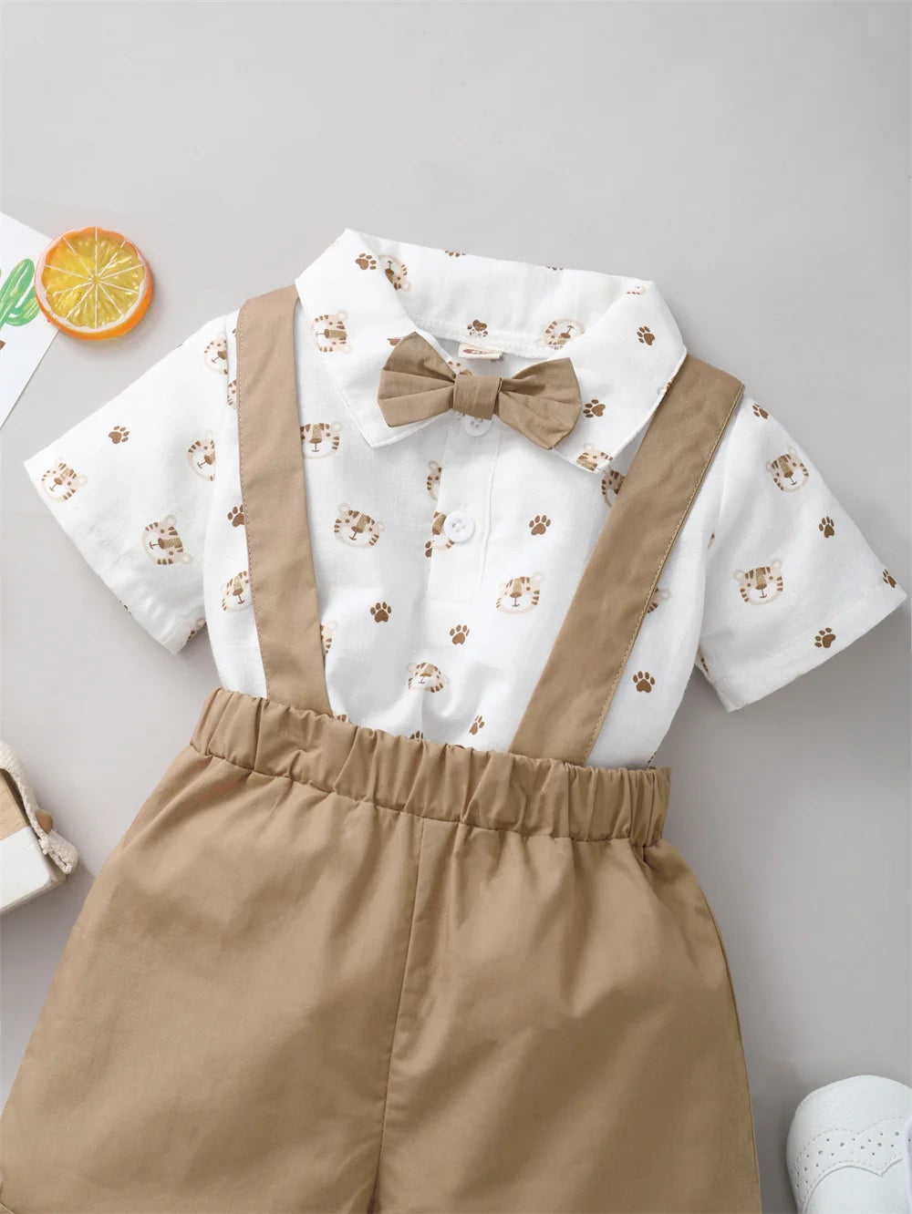 2PCS Infant Boy Clothes Set Tiger Print Short Sleeve with Bow+Strap Shorts Casual