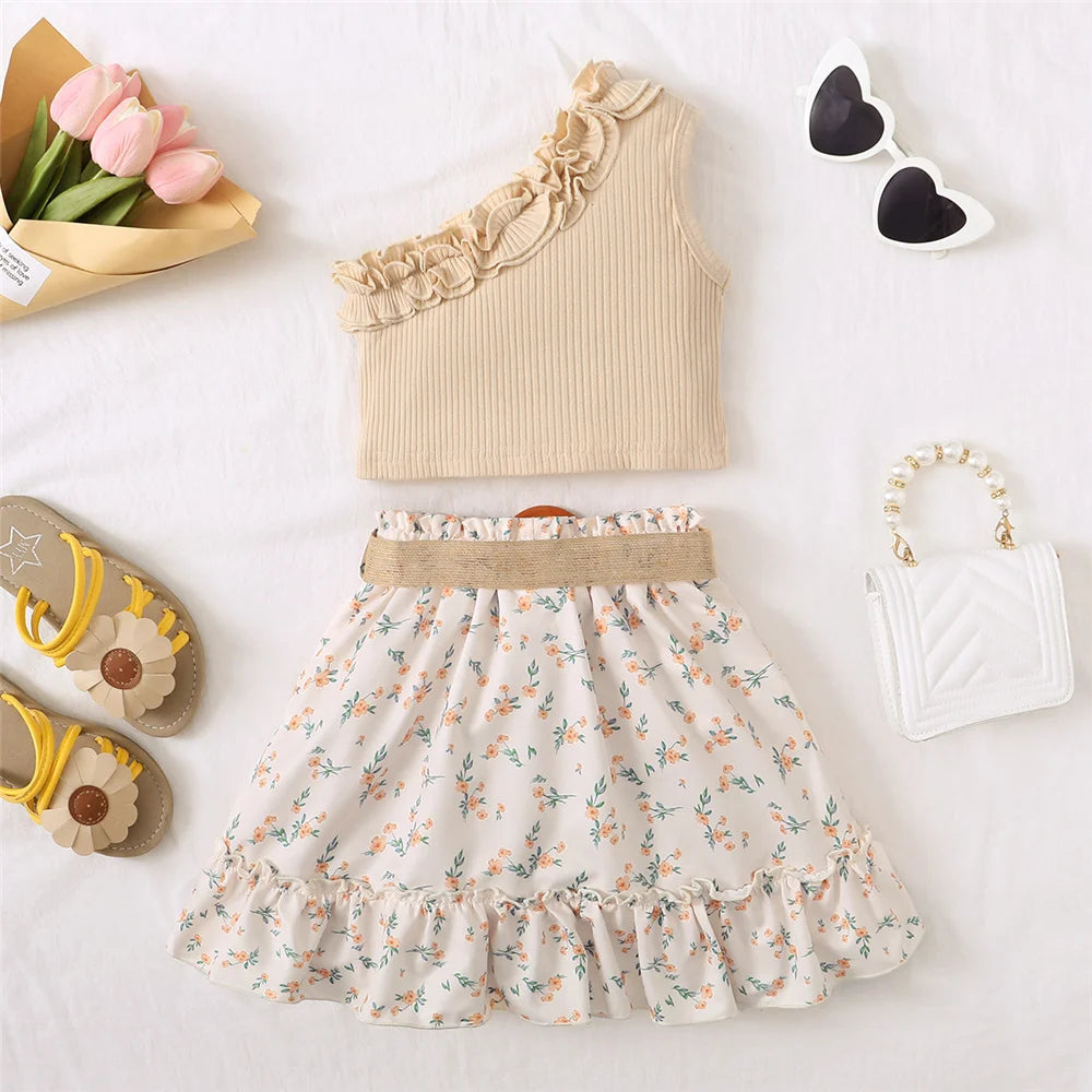 2PCS Kids Baby Girl Clothes Set Retro Off-Shoulder Top+Flowers Skirt