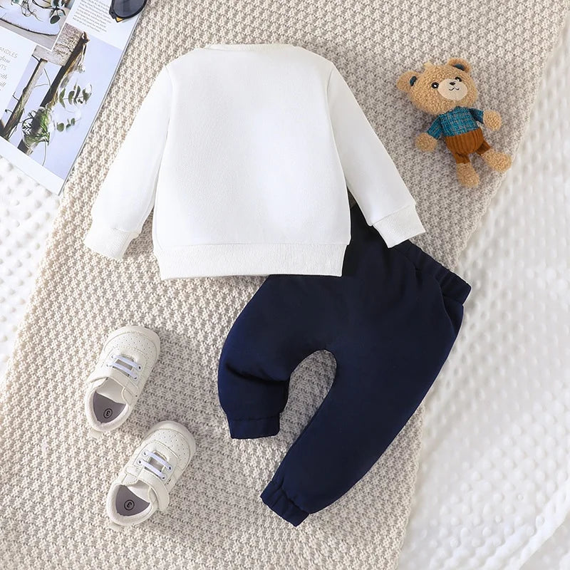 3-24Months Casual Cartoon Bear Long Sleeve tee and Navy Pants Outfit.