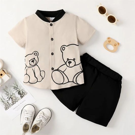 2PCS Boy Set Bear Print Button Style Short Sleeve Top+Shorts Fashion