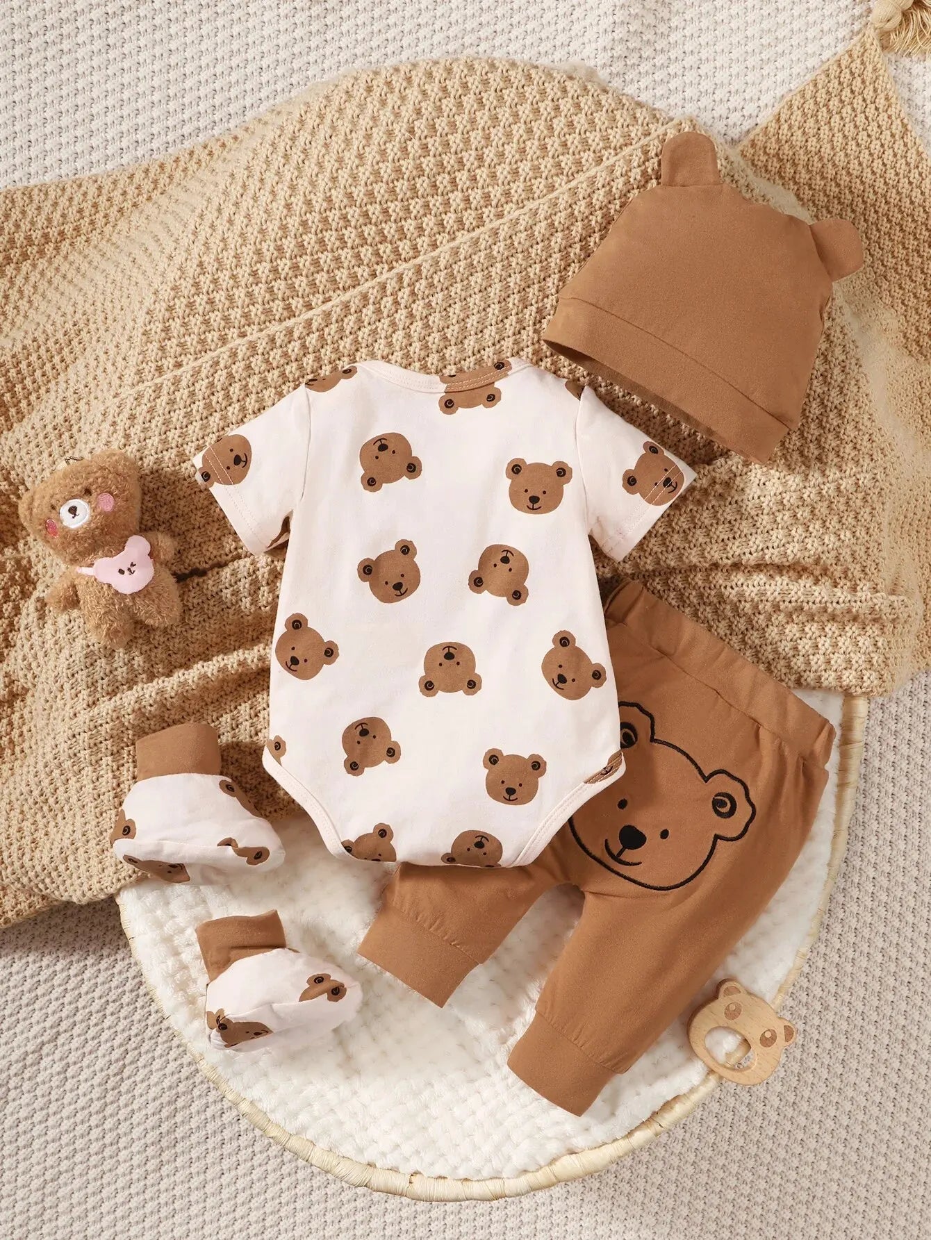 4PCS Clothing Set 0-9 Months Newborn Baby Boy Bear Short Sleeve Romper+Pants+Hat+Sock