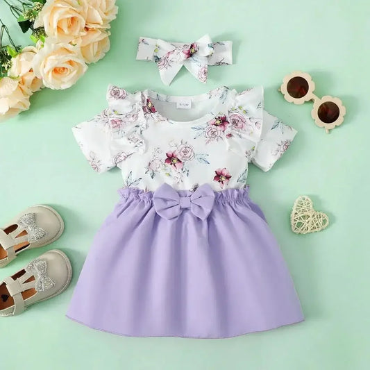 2PCS Baby Girl Clothes Set Floral Ruffle Short Sleeve Dress Head Wear