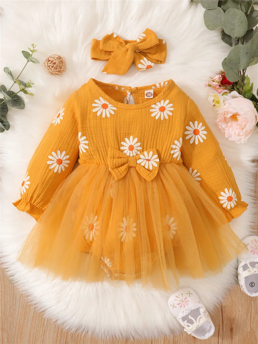 Baby Girls Cute Daisy Long Sleeves Tulle Patchwork Bodysuit  0-18 Months