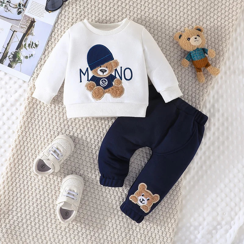 3-24Months Casual Cartoon Bear Long Sleeve tee and Navy Pants Outfit.