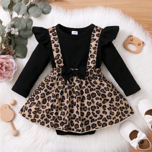 Baby Girl Romper Dress Long Sleeve Leopard Dresses with Bow Spring&Autumn Onesie