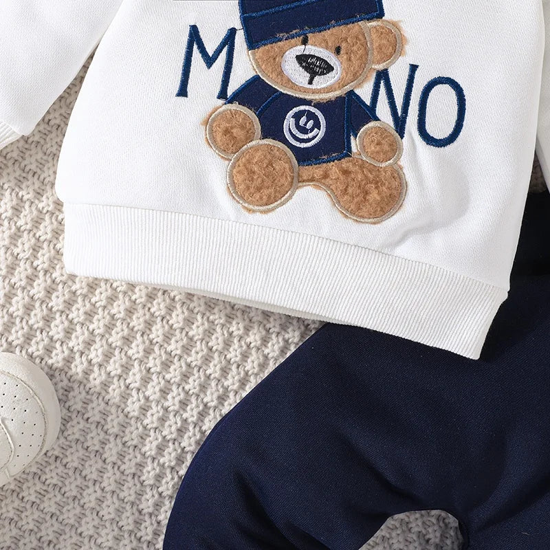 3-24Months Casual Cartoon Bear Long Sleeve tee and Navy Pants Outfit.