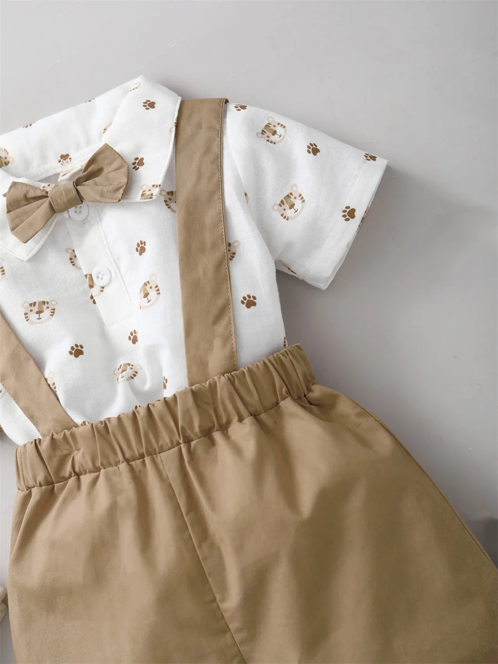 2PCS Infant Boy Clothes Set Tiger Print Short Sleeve with Bow+Strap Shorts Casual