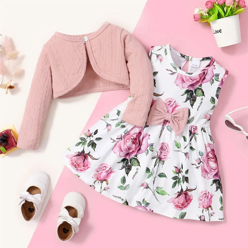 2PCS Clothing Set Pink Long Sleeves Coat+Flower Dress