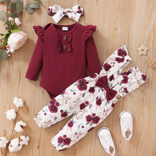 0-24 Months  Baby Girl 3PCS Clothes Set Long Sleeve Romper+Flower Strap Pants+Headband