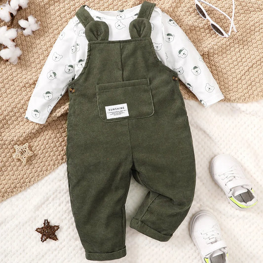 3-24 Months Baby and toddler Boy and Girl 2pcs Clothes Set Bear Print Bodysuit. Autumn & Winter Wear