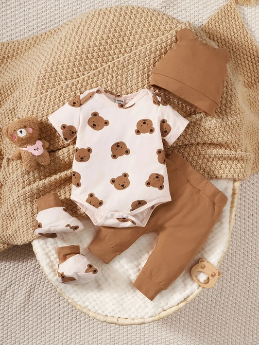 4PCS Clothing Set 0-9 Months Newborn Baby Boy Bear Short Sleeve Romper+Pants+Hat+Sock